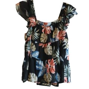Blue B Women's‎ Tropical Floral Off-Shoulder Ruffle Top Size Small Black Multi
